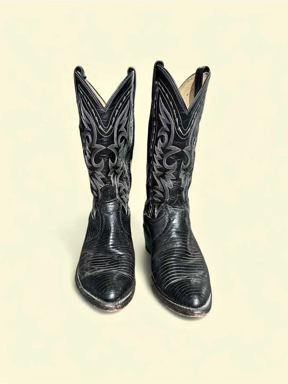 Vintage Dan Post Black Teju Lizard Skin Western Cowboy Boots 8.5 EW Mens